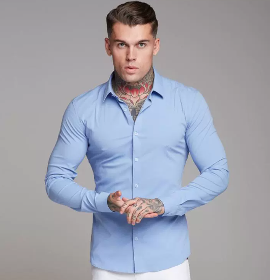 Men's slim fit long sleeve dress shirt with button-down collar, versatile formal casual style