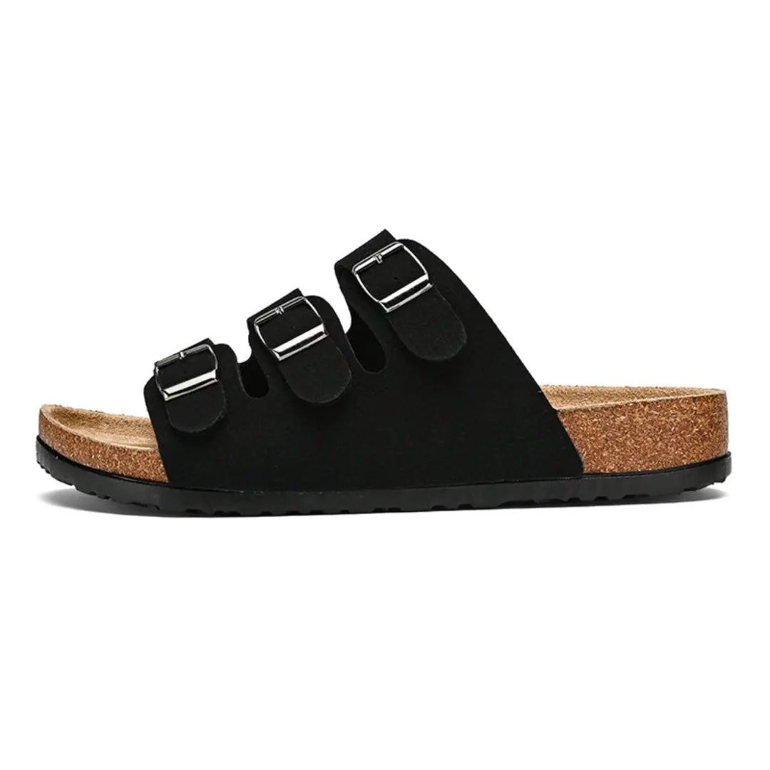 Unisex suede buckle sandals with contoured cork footbed, adjustable straps, casual slide style