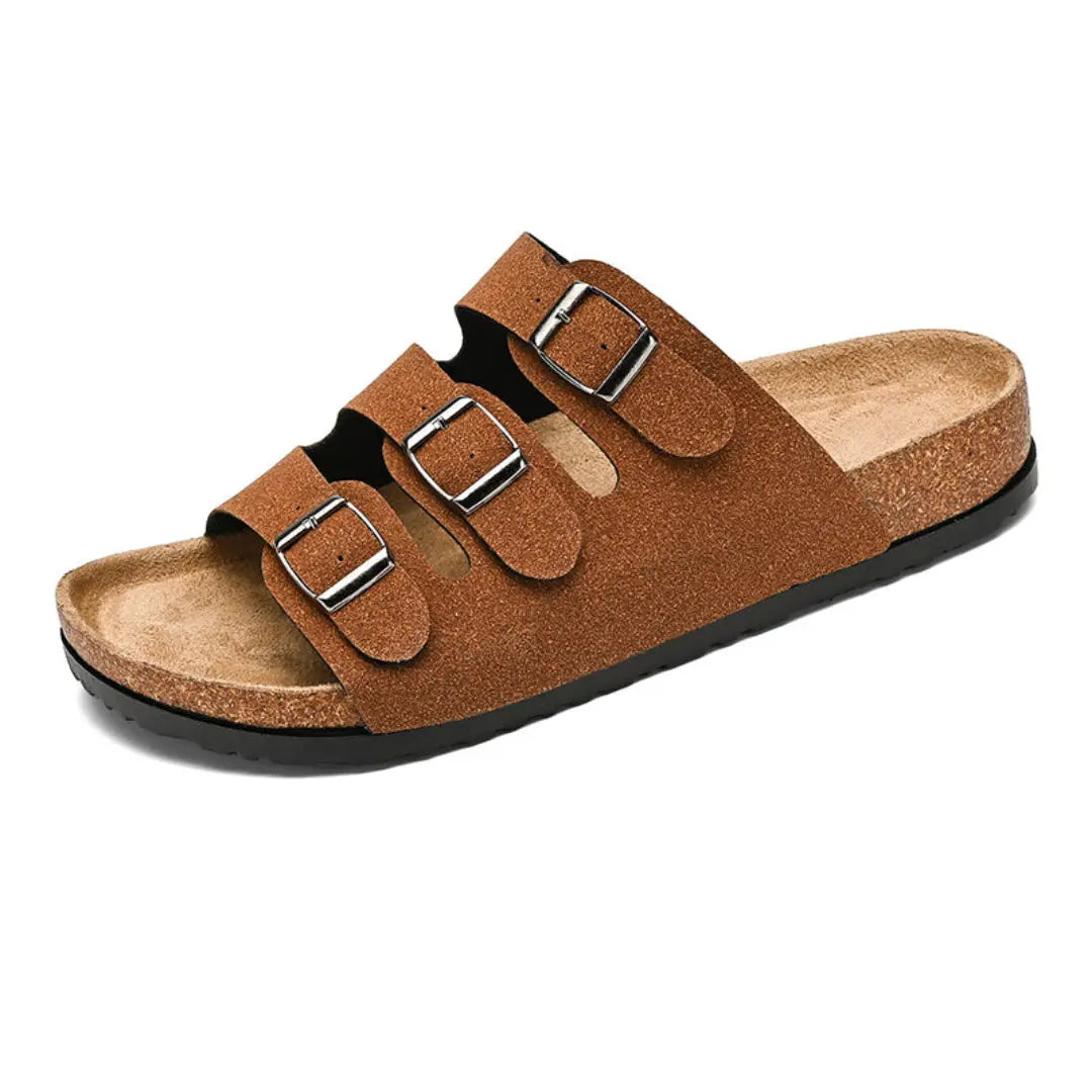 Unisex suede buckle sandals with contoured cork footbed, adjustable straps, casual slide style