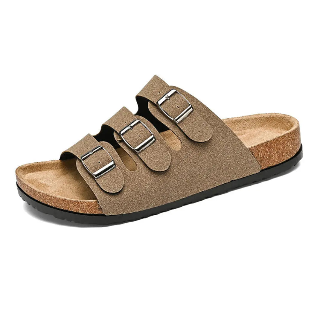 Unisex brushed suede buckle sandals with contoured cork footbed for all-day comfort