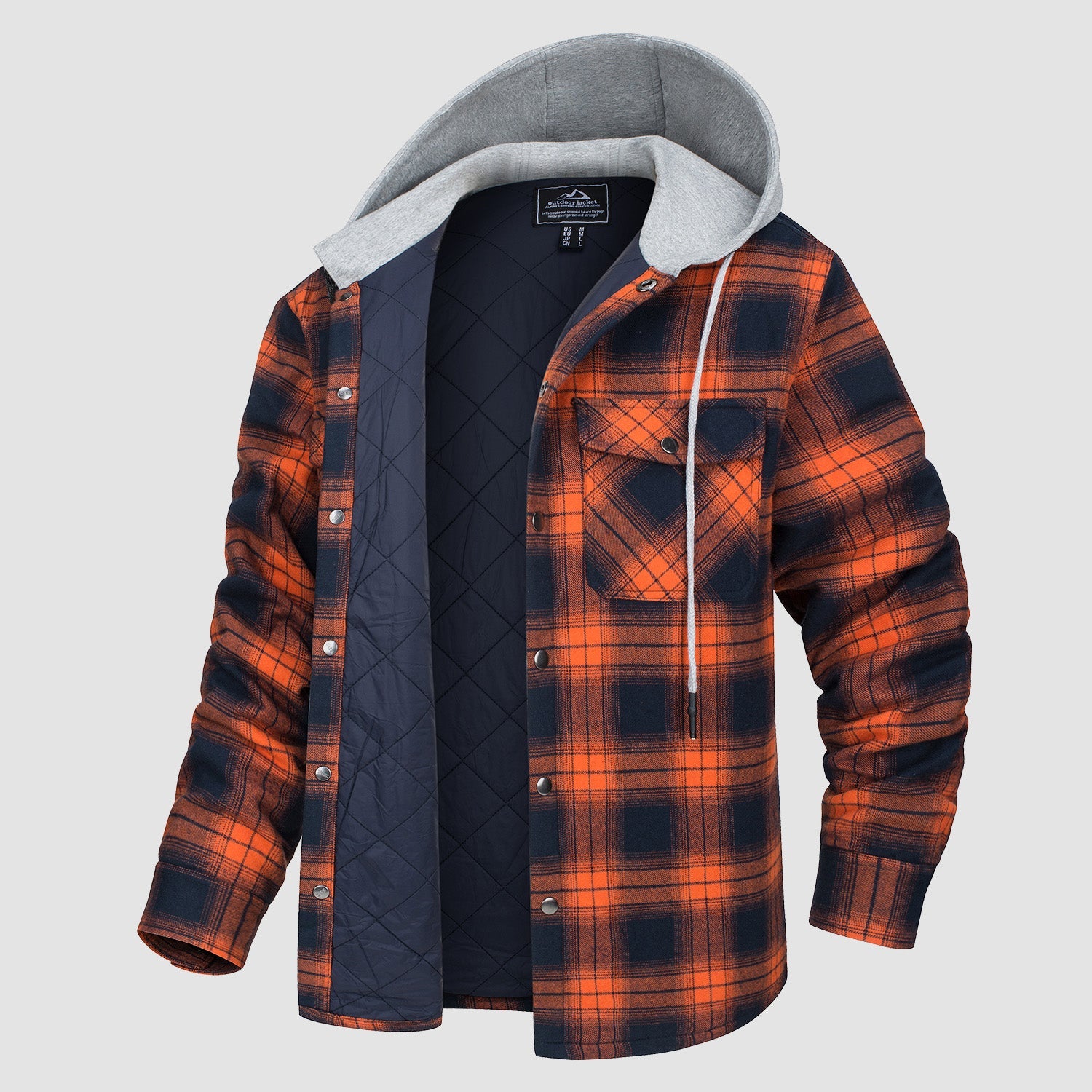 Men's quilted flannel hooded jacket windproof lightweight cotton shell for urban casual wear