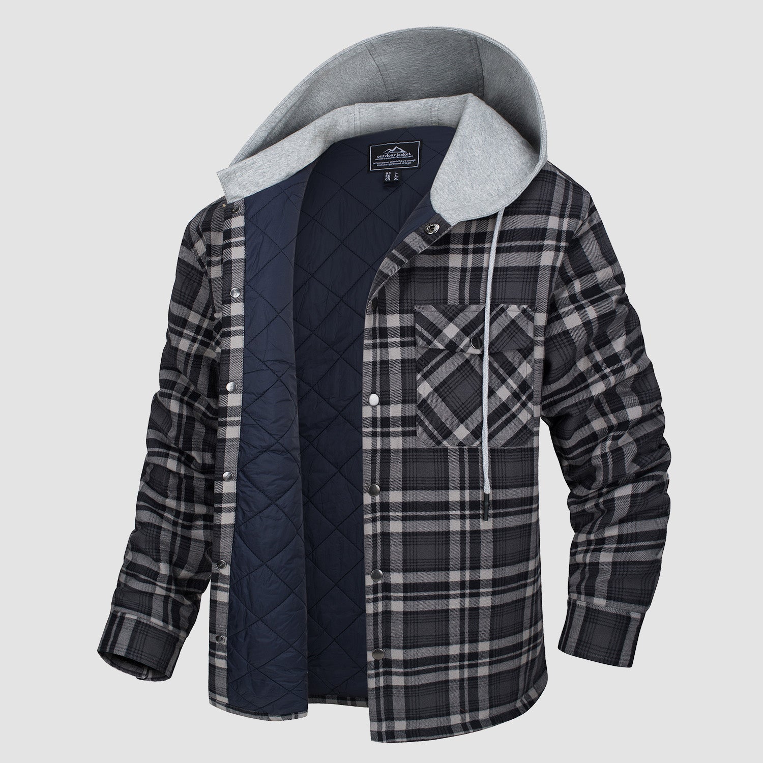 Men's quilted flannel hooded jacket windproof lightweight casual urban outerwear warm daily wear