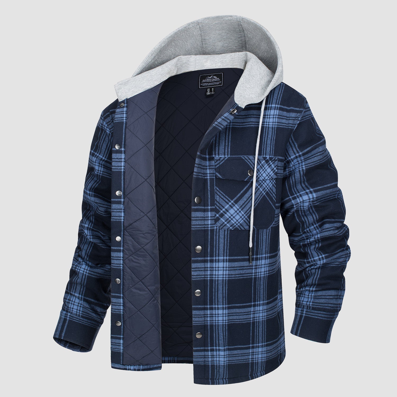 Men's quilted flannel hooded jacket windproof lightweight cotton shell for urban casual wear