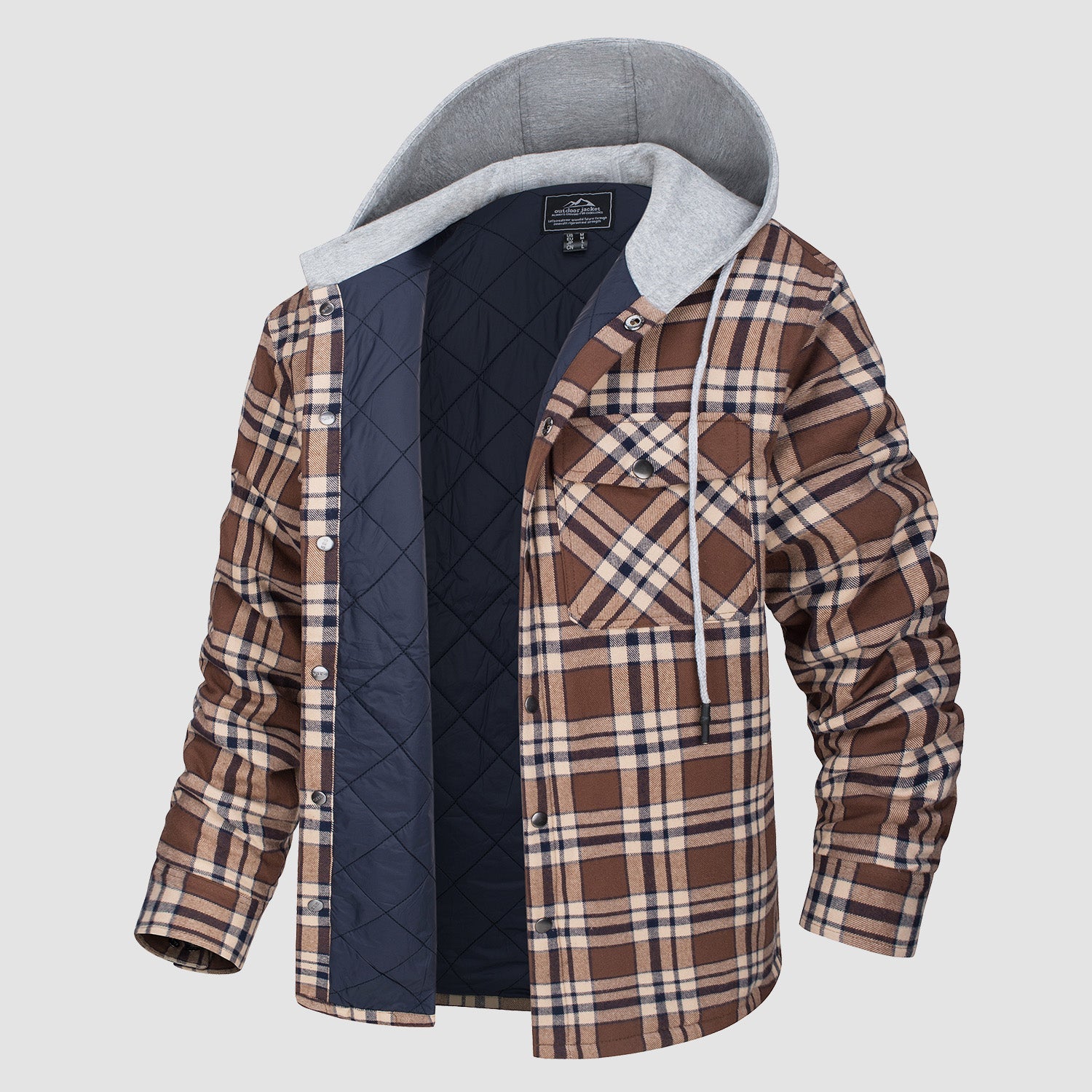 Men's quilted flannel hooded jacket windproof lightweight cotton shell for urban outdoor wear