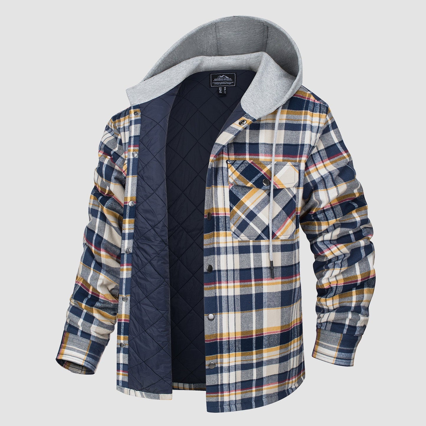 Men's quilted flannel hooded jacket windproof lightweight cotton shell for urban wear