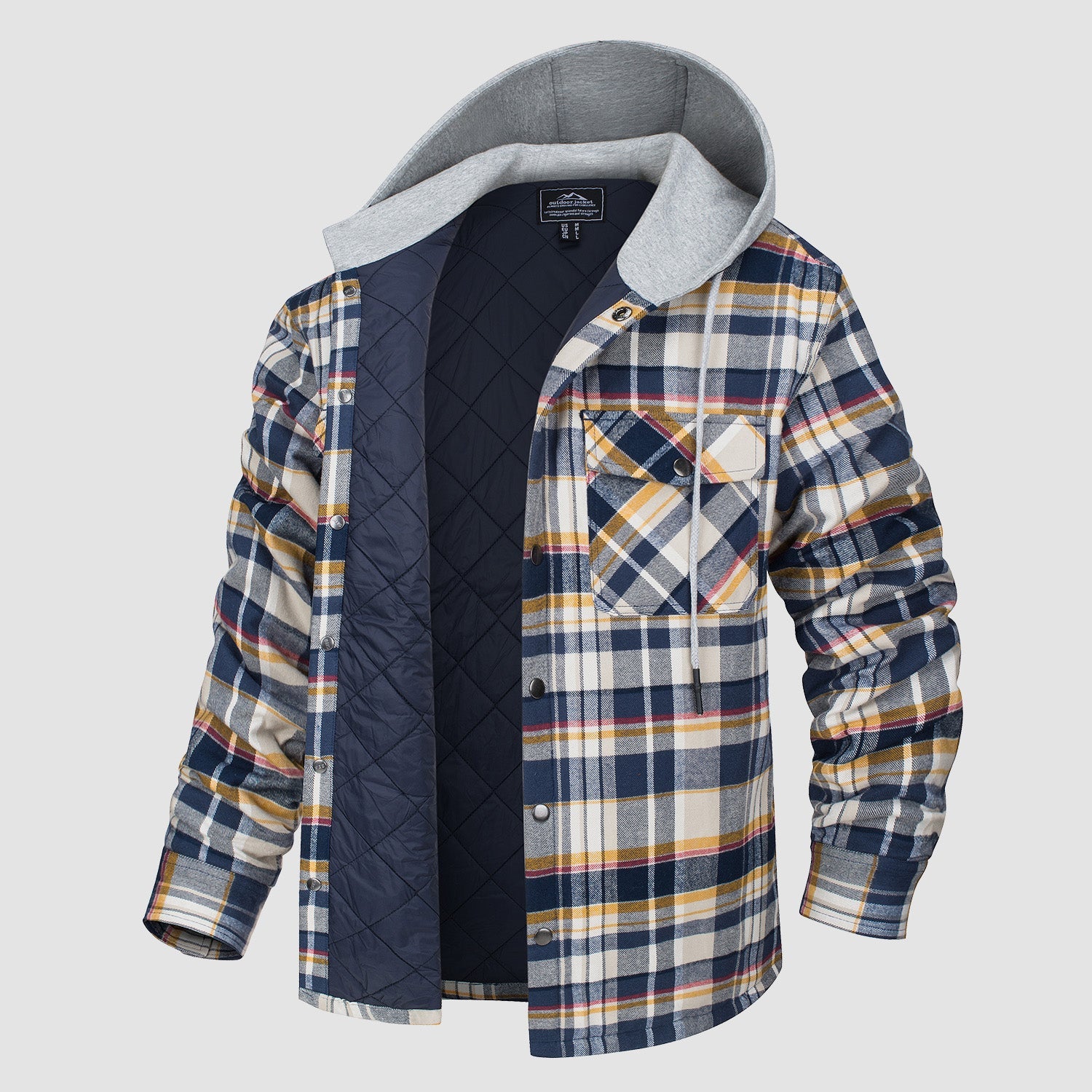 Men's quilted flannel hooded jacket windproof lightweight cotton shell for urban wear