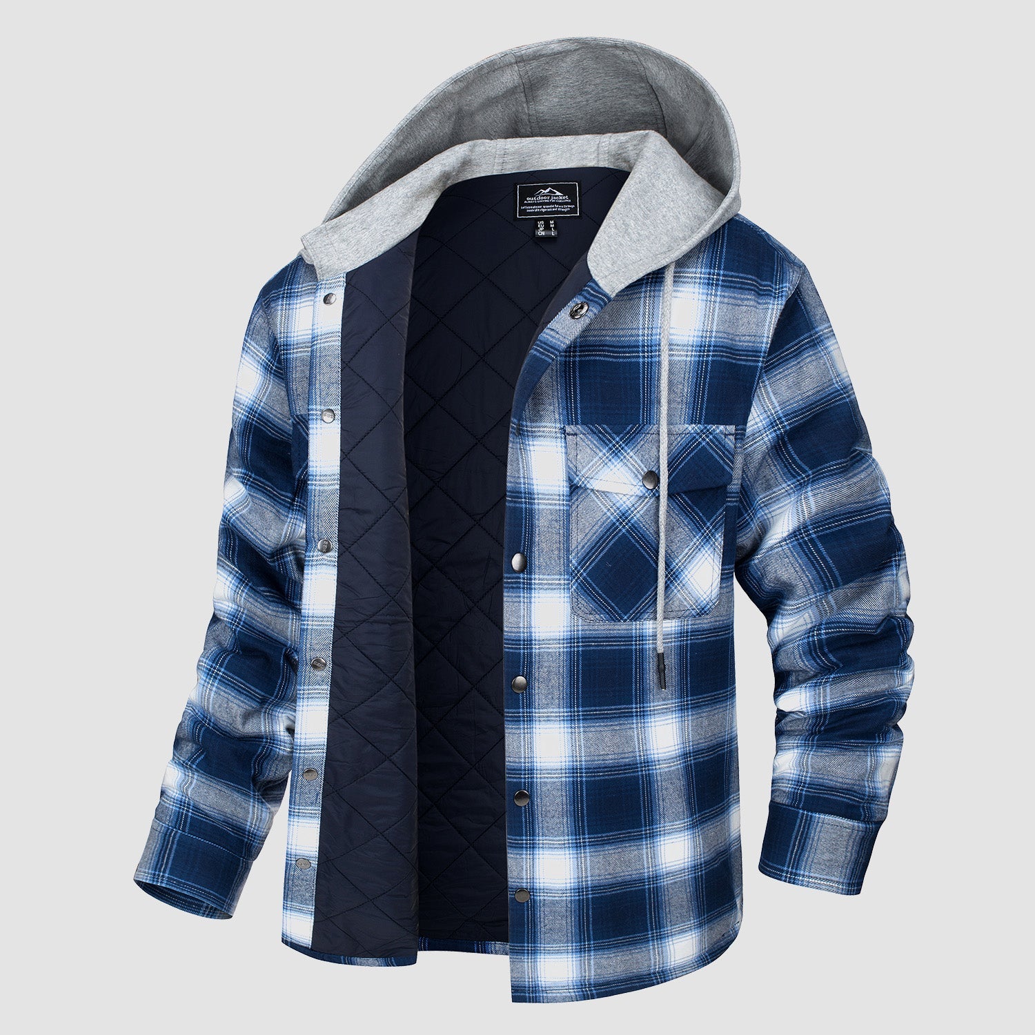 Men's navy quilted flannel hooded jacket windproof lightweight urban style casual outerwear
