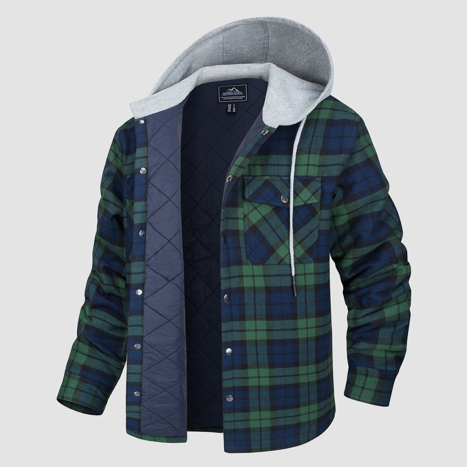 Men's quilted flannel hooded jacket windproof lightweight cotton shell for urban casual wear