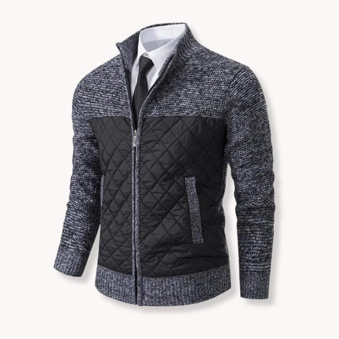 Mateo quilted sweater jacket navy blue high collar zip insulated jacquard twill urban style