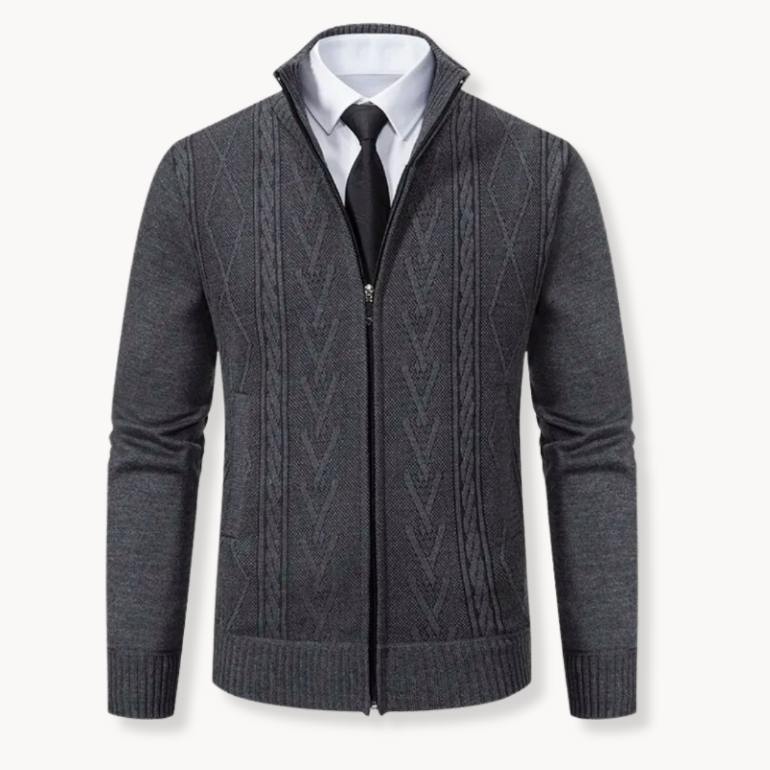 Men's navy zip-up sweater premium soft knit ribbed collar cuffs hem versatile office casual layering
