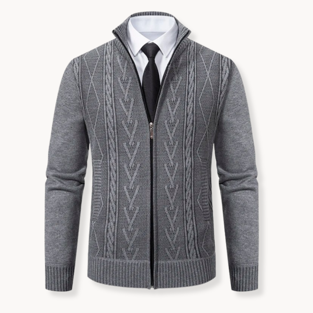 Men's navy zip-up knit sweater ribbed collar cuffs hem breathable polyester casual office layer
