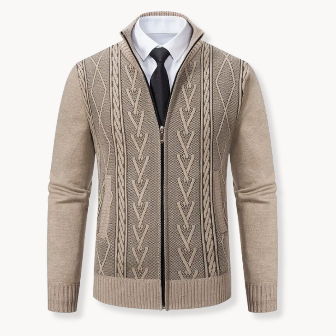Men's navy blue zip-up knit sweater ribbed collar cuffs hem breathable polyester casual office layer