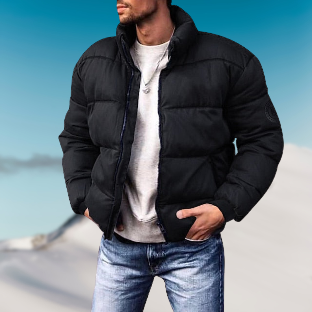 Men's quilted down jacket high collar ribbed cuffs casual slim fit warm winter outerwear