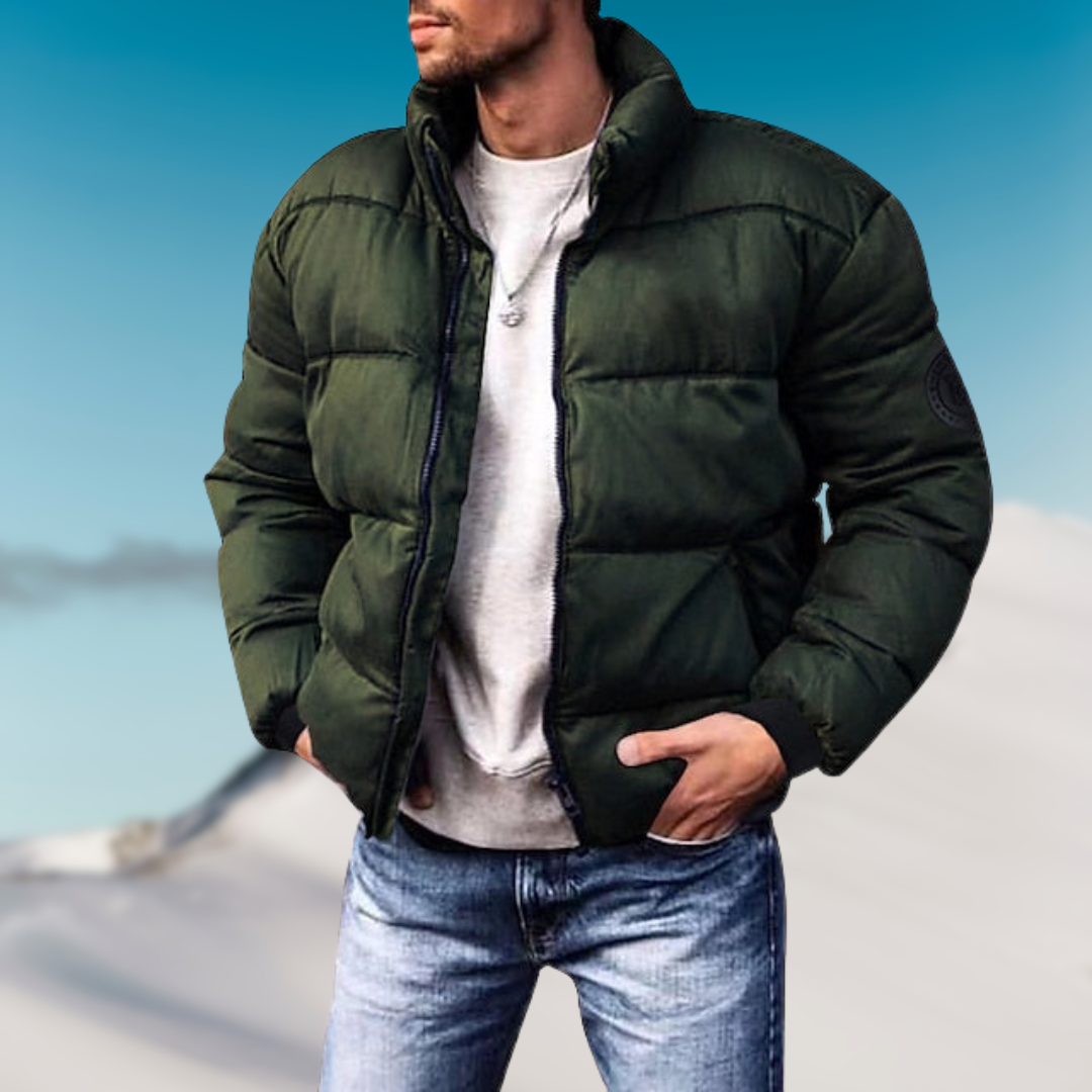Men's quilted down jacket high collar ribbed cuffs casual slim fit warm winter outerwear