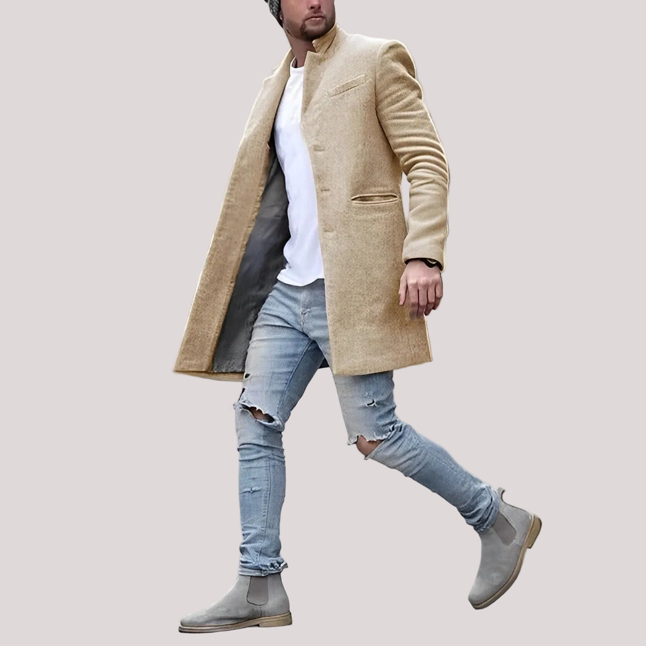 Men's long textured winter coat in neutral tone with structured stand-up collar for cold weather