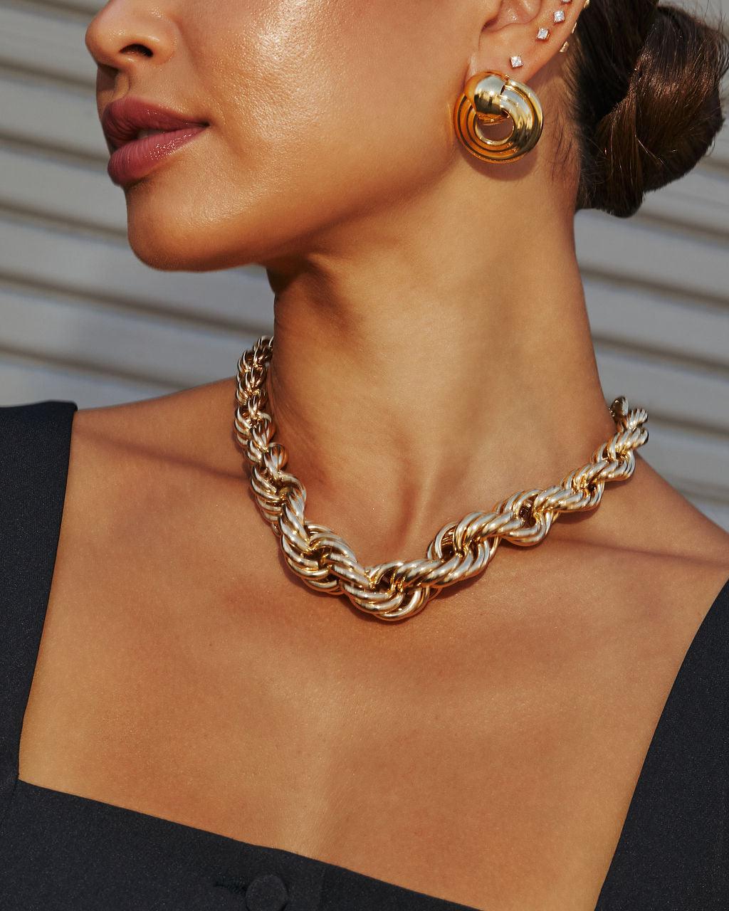 Chunky twisted rope necklace 14K gold-plated stainless steel bold statement jewelry 19 inches