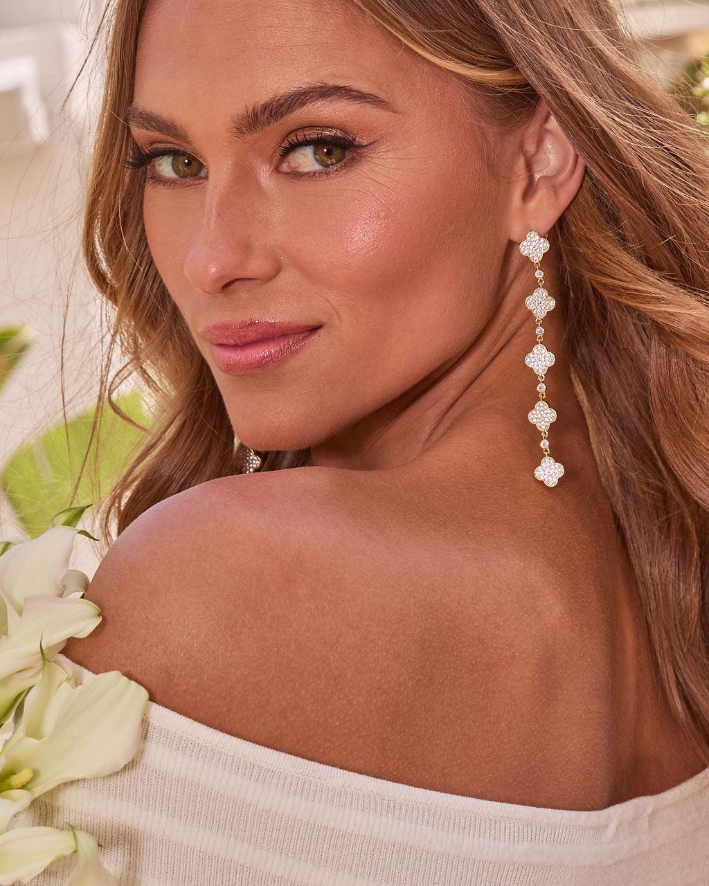 Silvia embellished clover drop earrings lightweight sparkle gold daytime women jewelry 3.8 inch