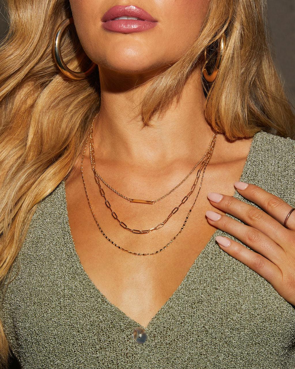 Elsie layered chain necklace gold plated brass beads three strands adjustable 15 to 20 inches