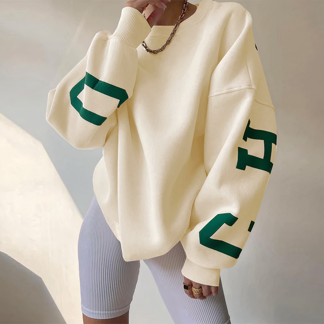 Women's cozy sustainable knit jumper in neutral tones, relaxed fit with easy-care contemporary style