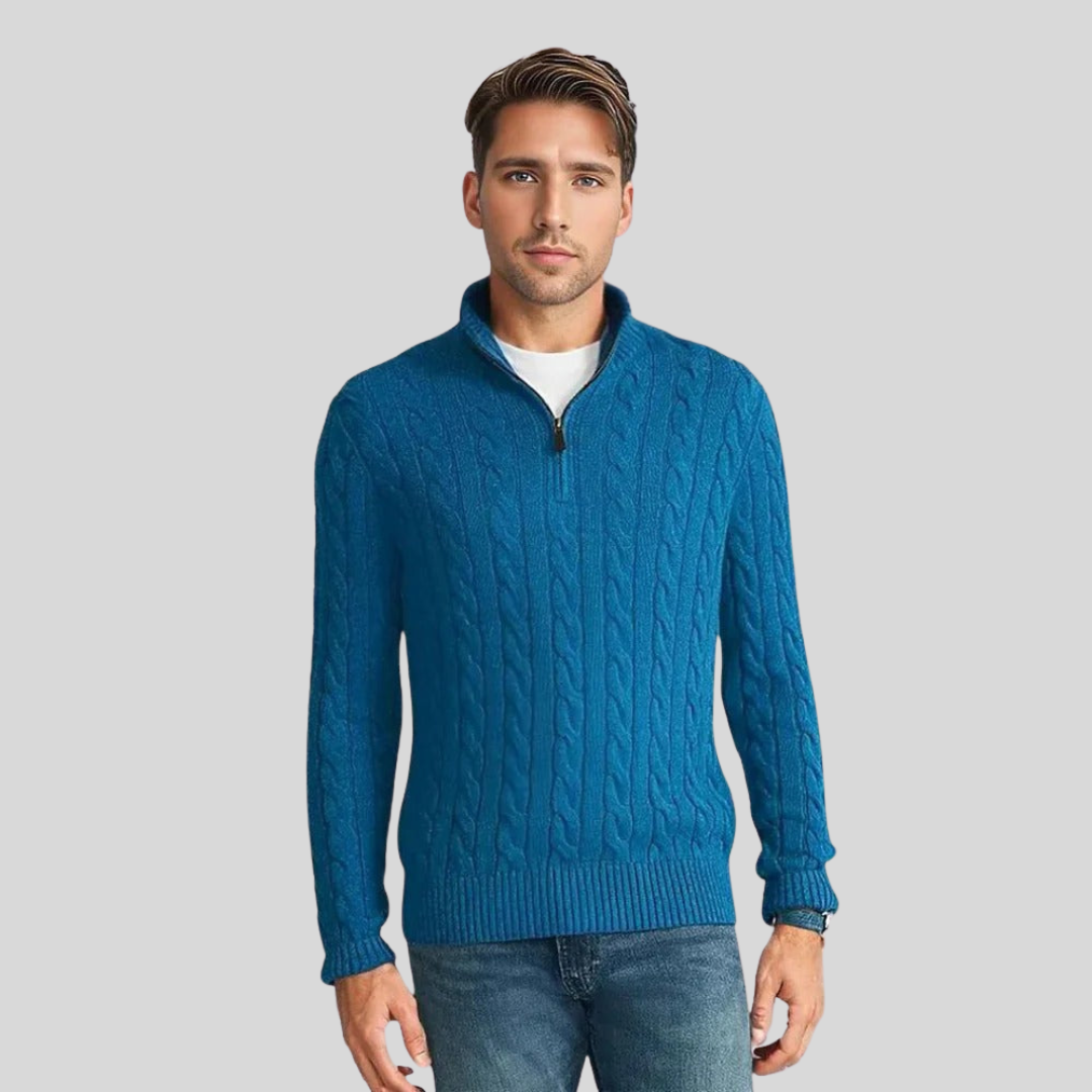 Men's cable knit wool blend sweater with front zipper, timeless versatile style for everyday warmth