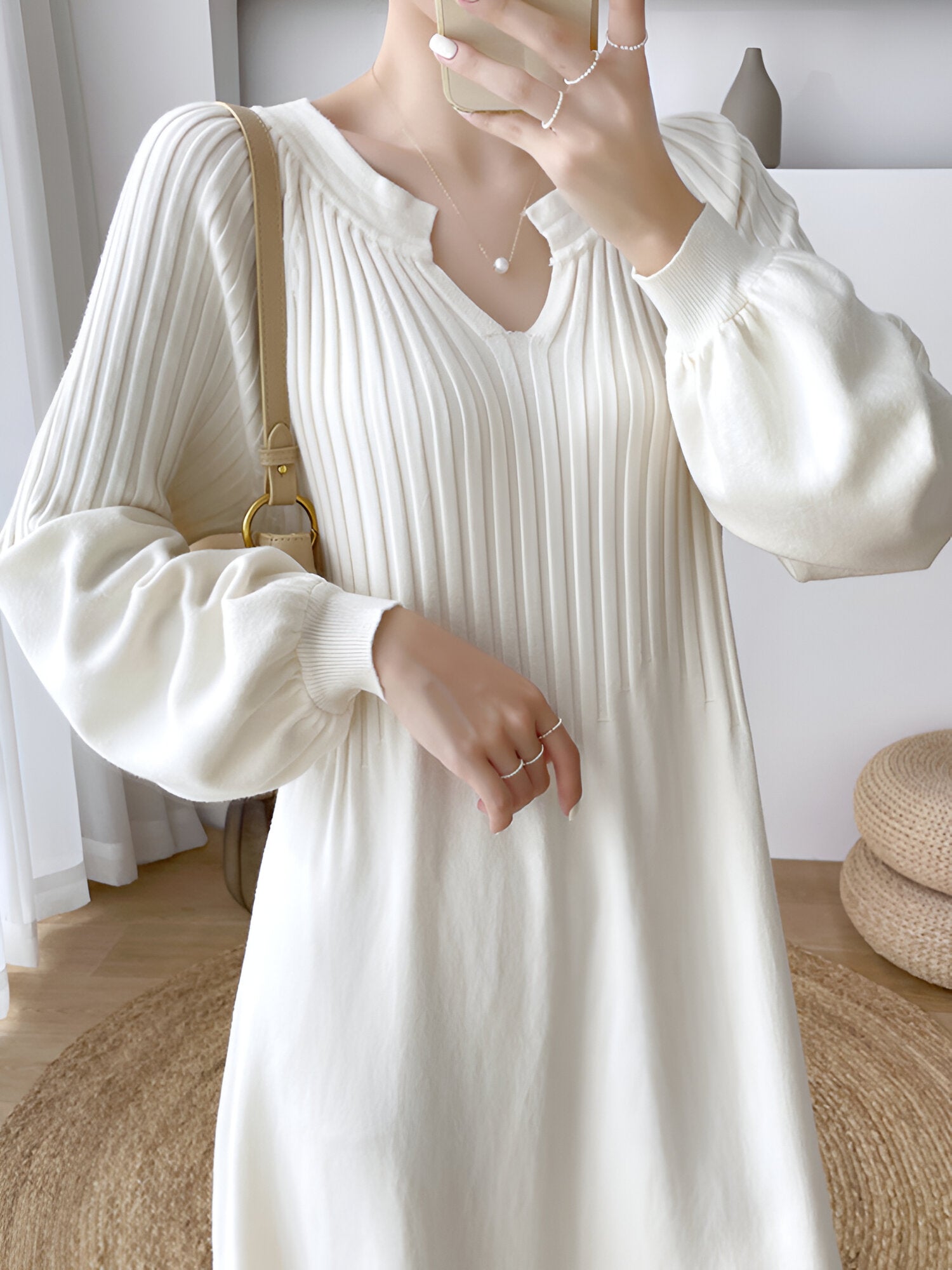 Women's knee-length solid knit dress, cozy autumn winter style with timeless elegant silhouette