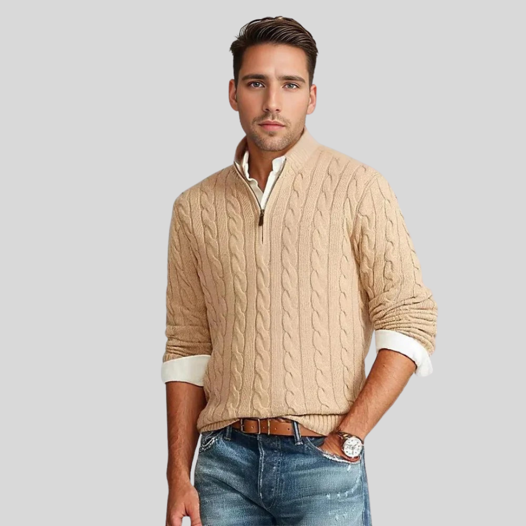 Men's cable knit wool blend sweater with zipper, classic timeless style for everyday versatility