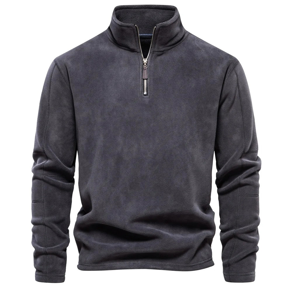 Men's casual quarter-zip sweater in neutral tone, relaxed fit with adjustable neckline for layering