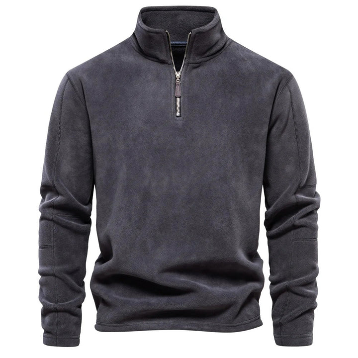 Men's gray fleece jumper relaxed fit soft plush fabric sustainable everyday cold-weather comfort