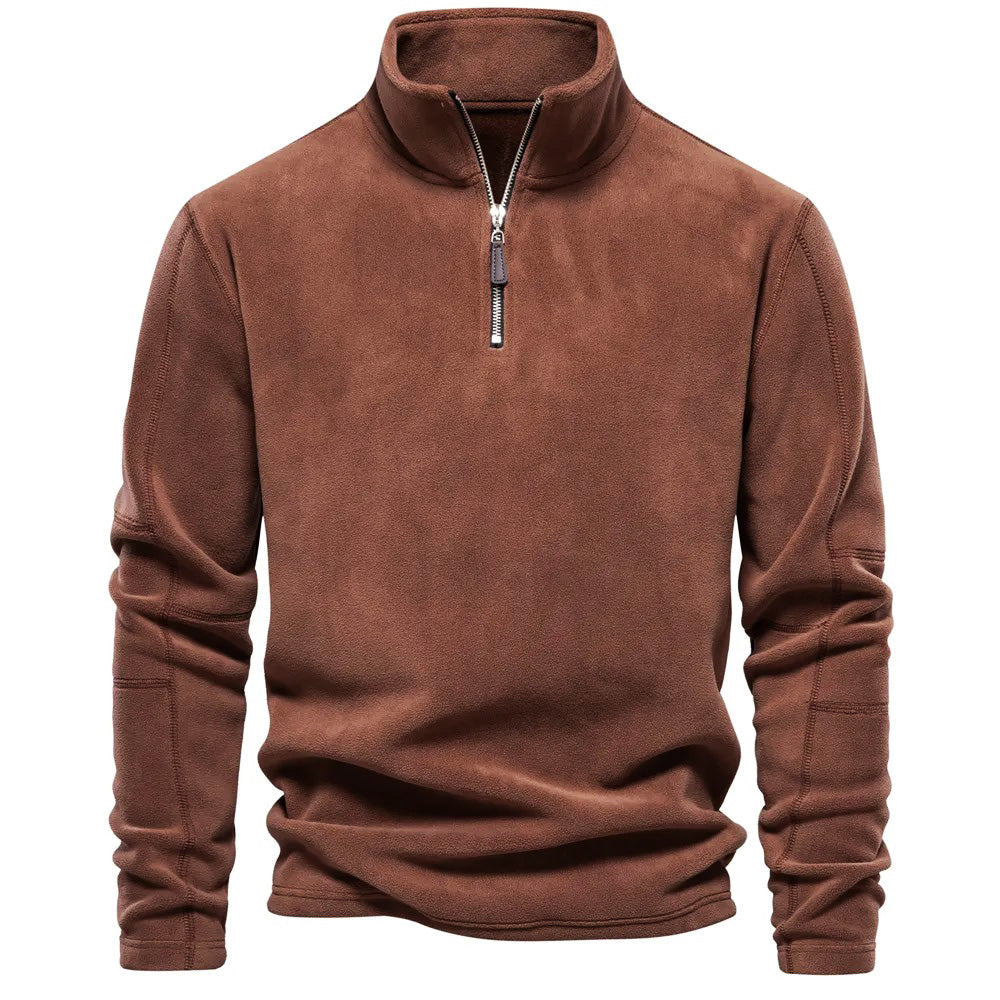 Men's casual quarter-zip sweater in neutral tone, relaxed fit with adjustable neckline for layering