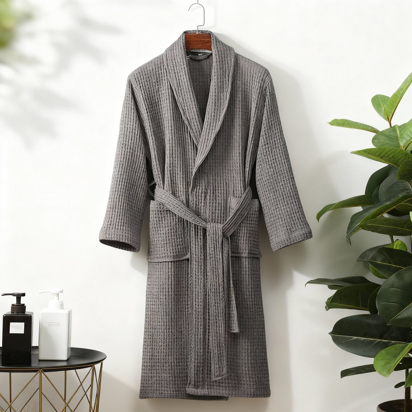 Women's spring waffle lounge robe in elegant wrap silhouette, lightweight relaxed-fit design for at-home comfort