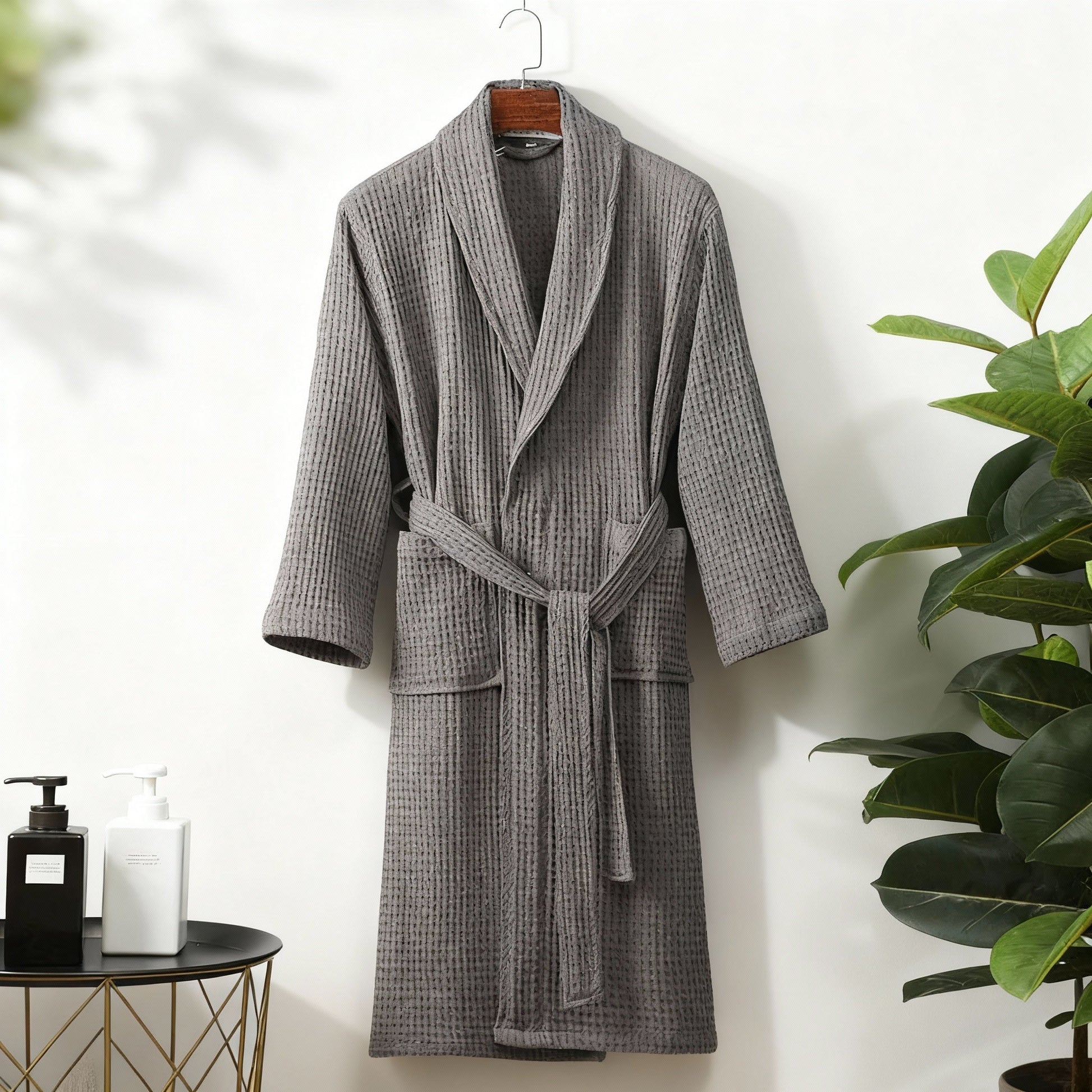 Women's spring waffle lounge robe in elegant wrap silhouette, lightweight relaxed-fit design for at-home comfort