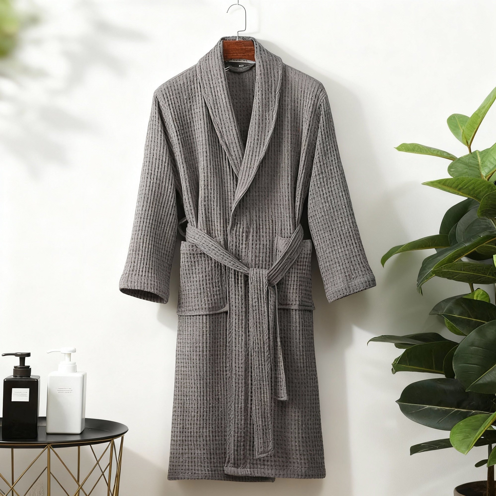 Women's spring waffle lounge robe in elegant wrap silhouette, lightweight relaxed-fit design for at-home comfort