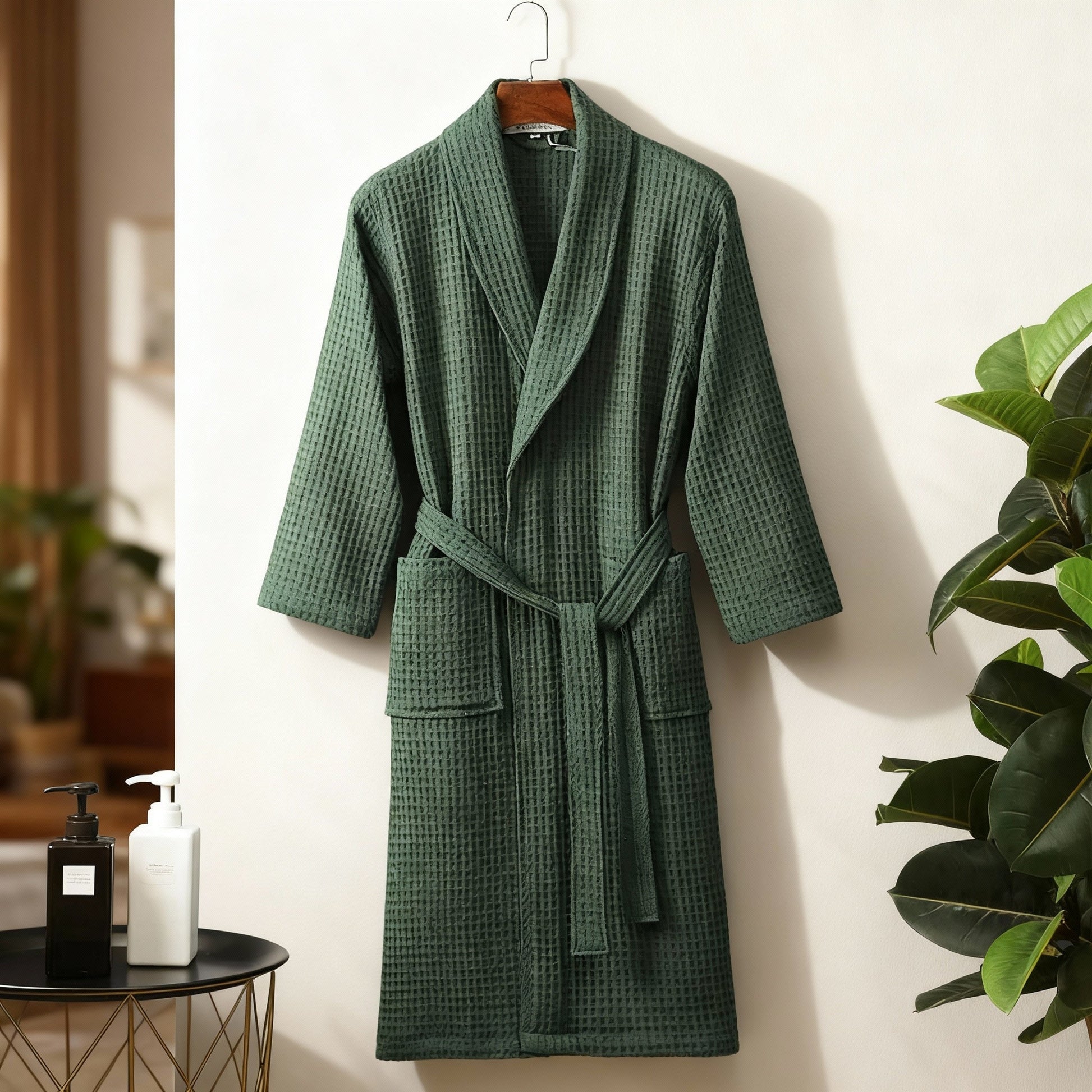 Women's spring waffle lounge robe elegant wrap silhouette lightweight relaxed at-home comfort