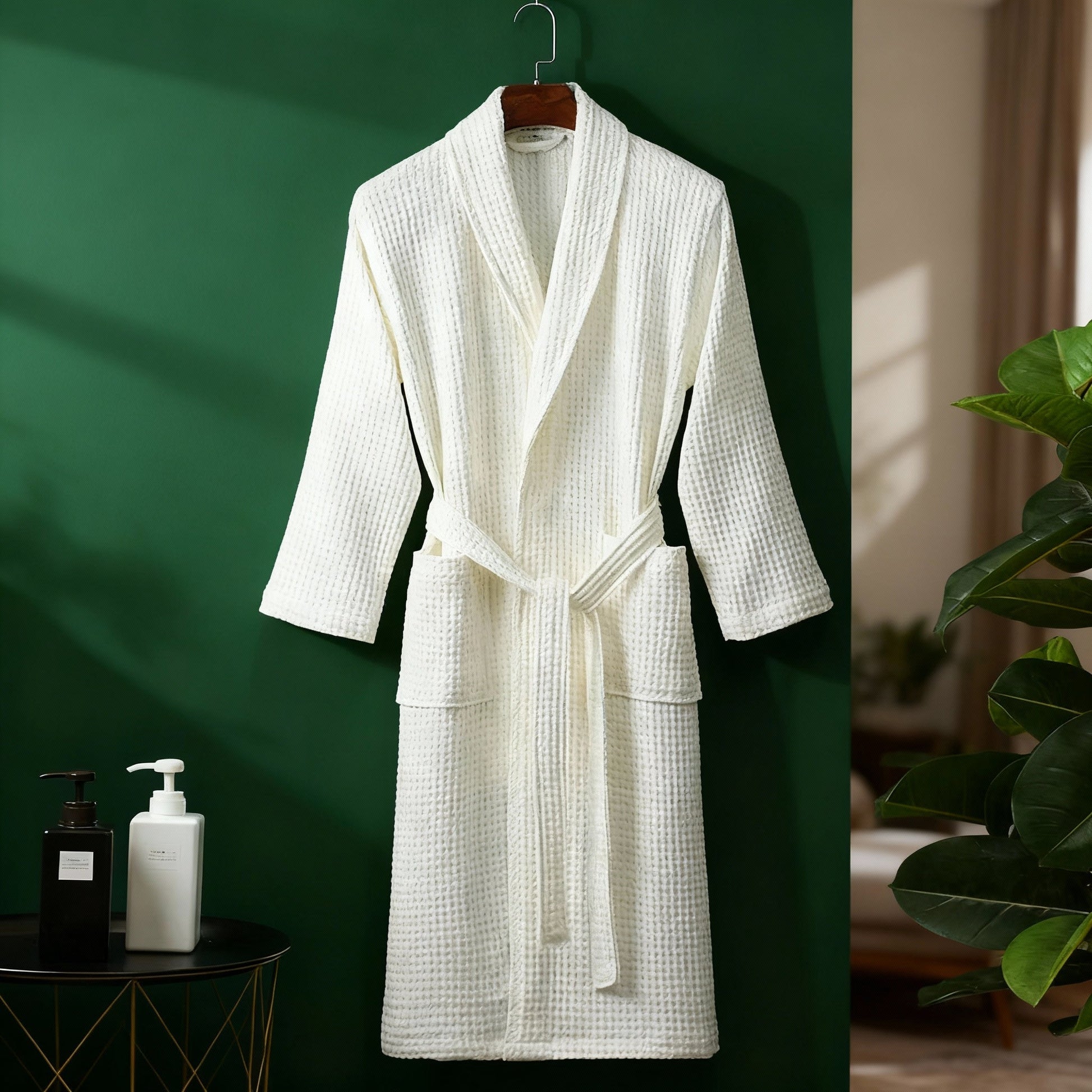 Women's spring waffle lounge robe in neutral tone, relaxed wrap silhouette with adjustable tie