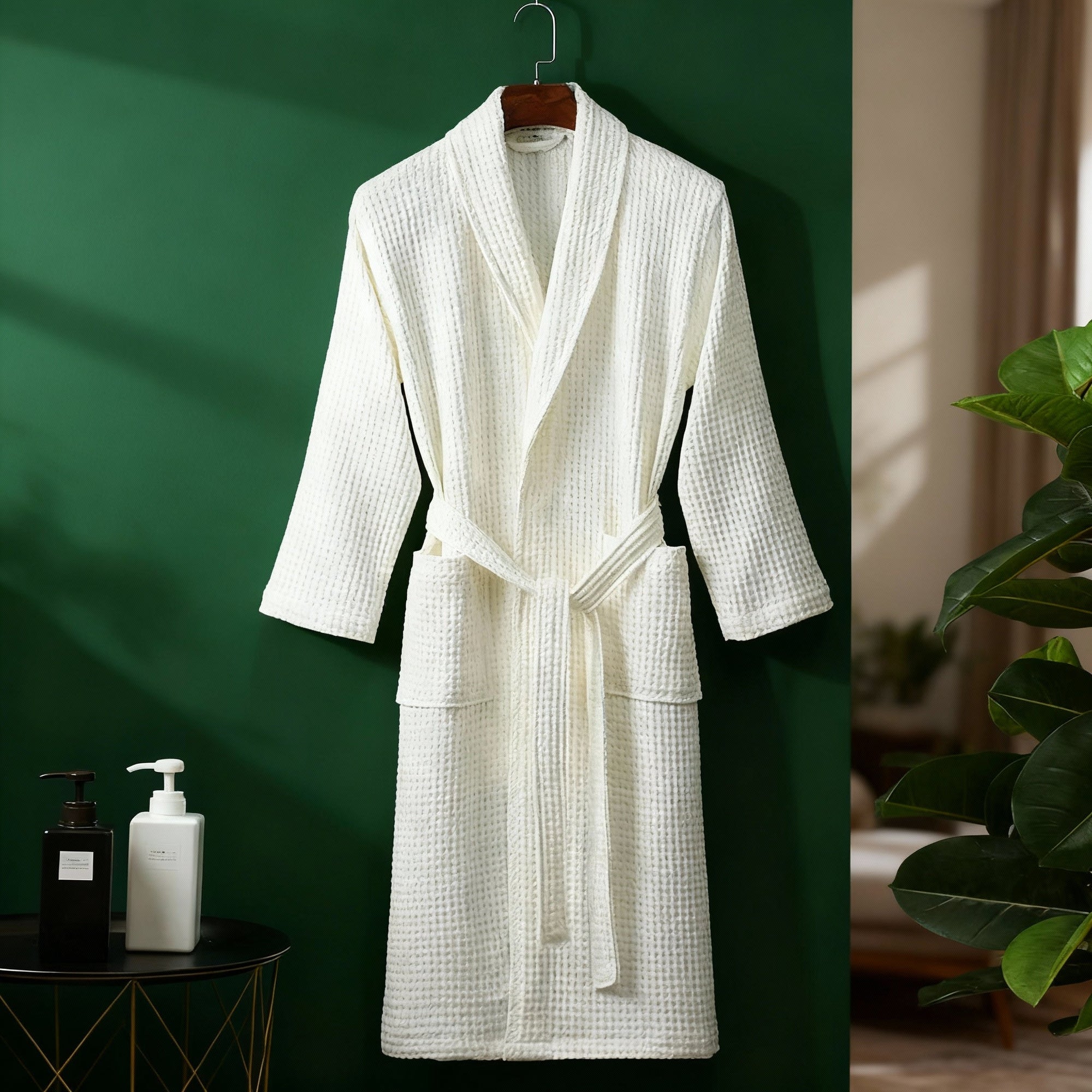 Women's spring waffle lounge robe in neutral tone, relaxed wrap silhouette with adjustable tie