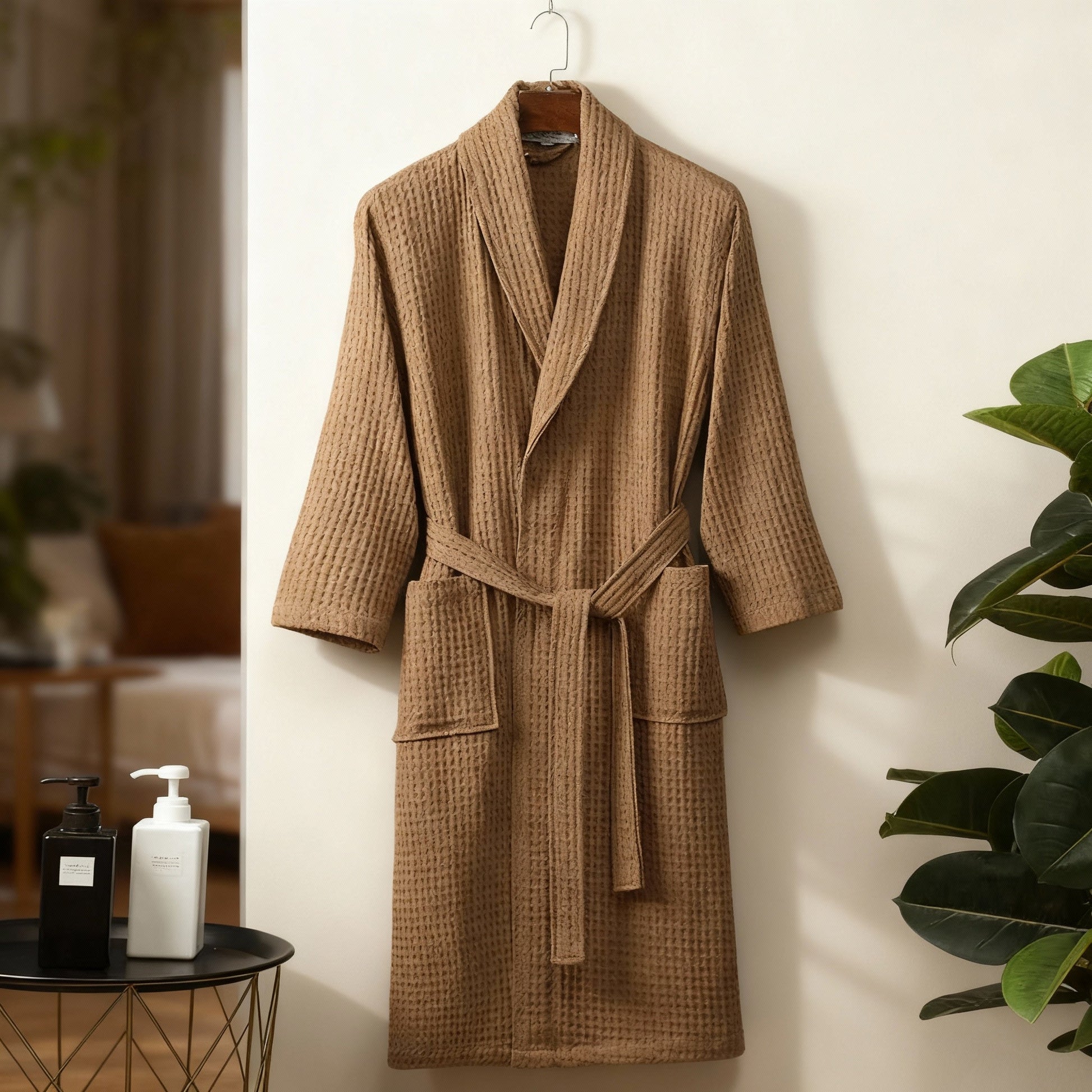 Women's spring waffle lounge robe elegant relaxed wrap silhouette lightweight warm-season comfort
