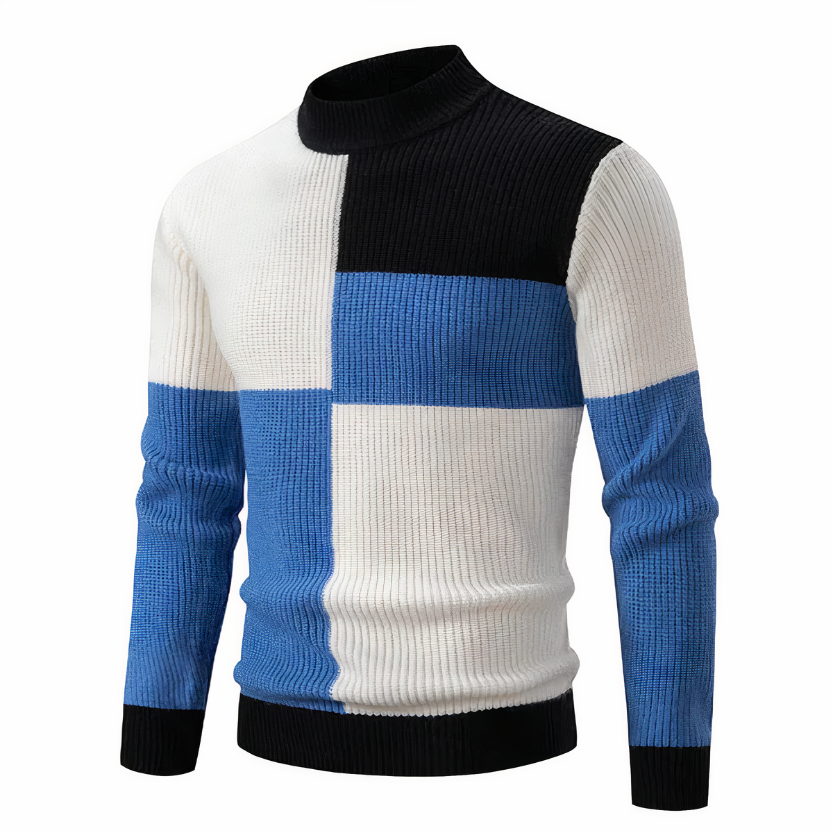 Men's patchwork knit sweater colorblock multi-texture panels modern cozy everyday style