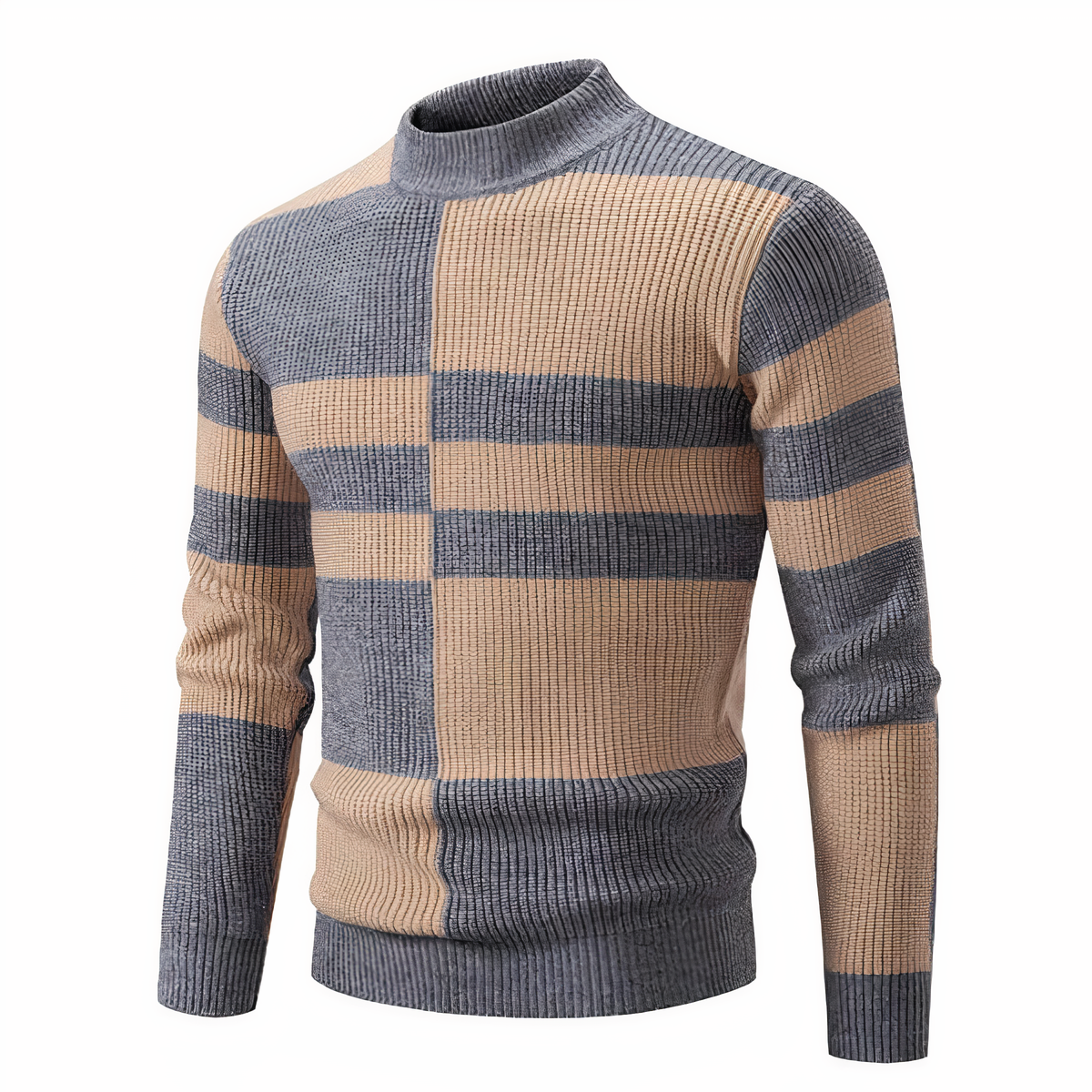 Men's patchwork knit sweater colorblock contrasting textures modern cozy everyday style