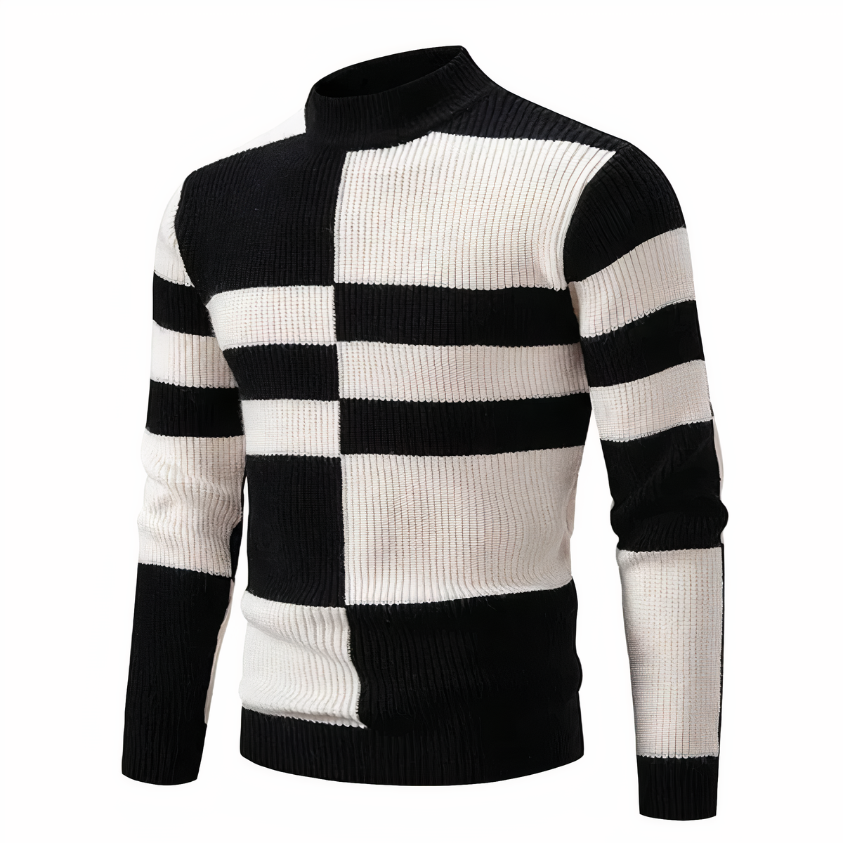 Men's patchwork knit sweater colorblock contrasting textures modern cozy layering style