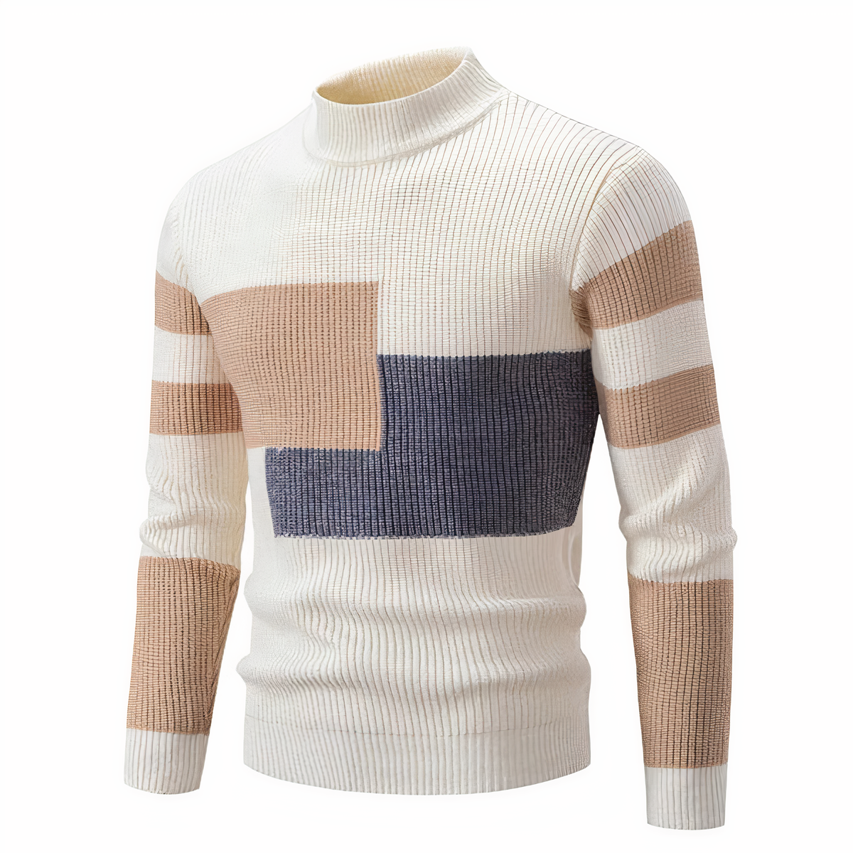Men's colorblock patchwork knit sweater with contrasting multi-texture panels for modern everyday style