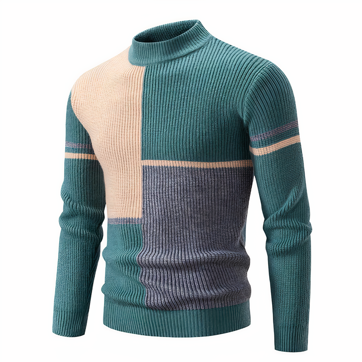 Men's colorblock patchwork knit sweater with contrasting textures, modern cozy fit for everyday wear