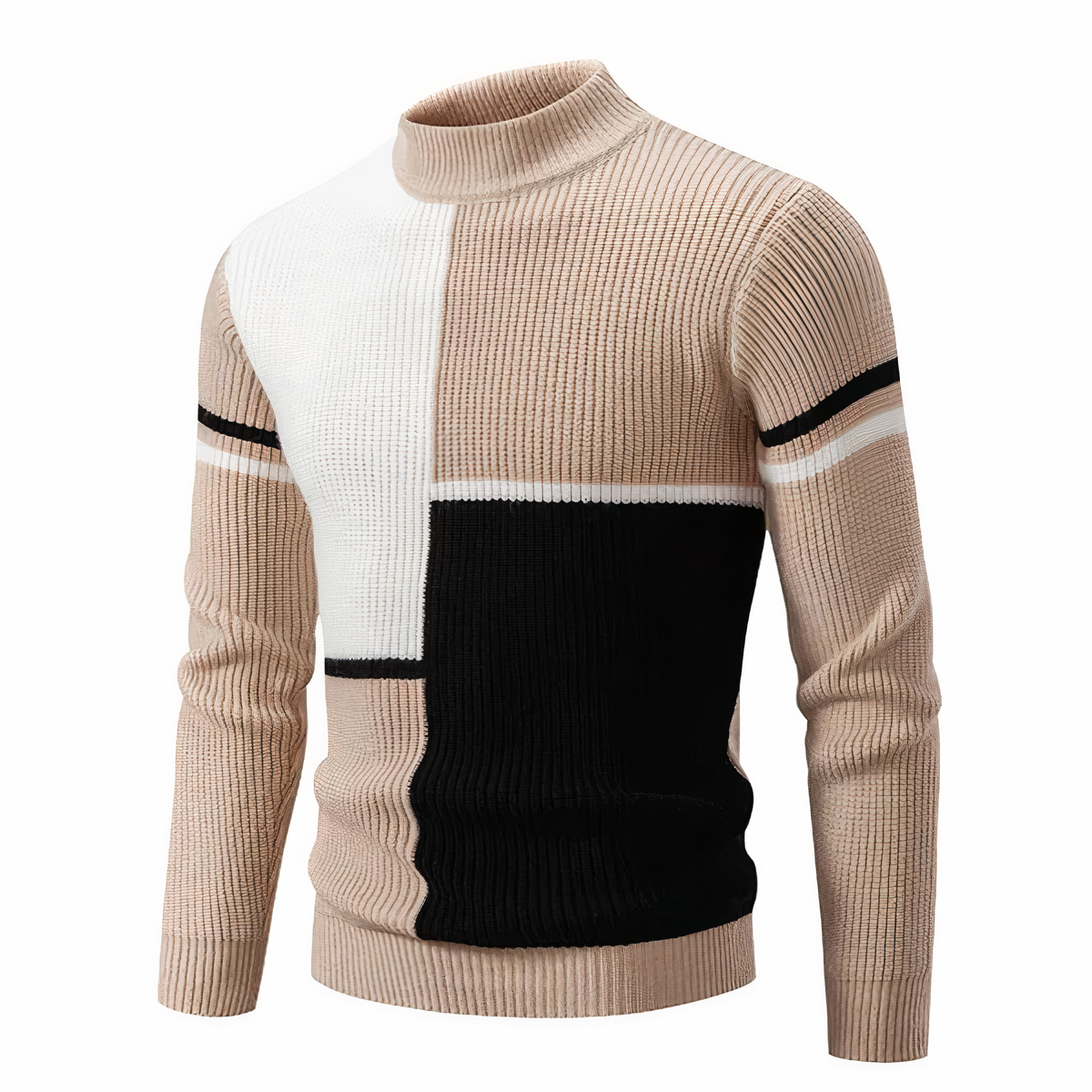 Men's patchwork knit sweater colorblock contrasting textures modern cozy everyday style