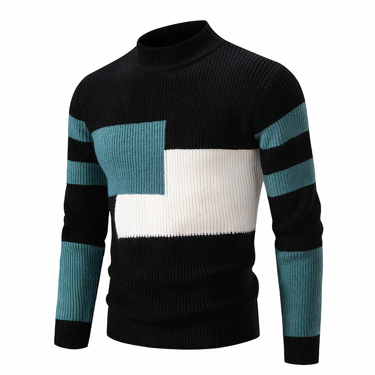 Men's colorblock patchwork knit sweater with contrasting textures, modern cozy fit for everyday wear