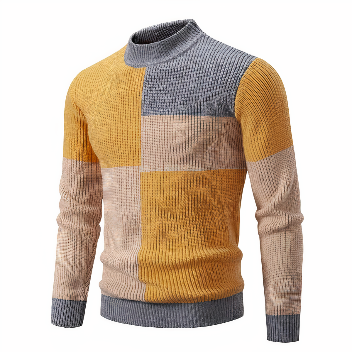Men's patchwork knit sweater colorblock contrasting textures modern cozy everyday style