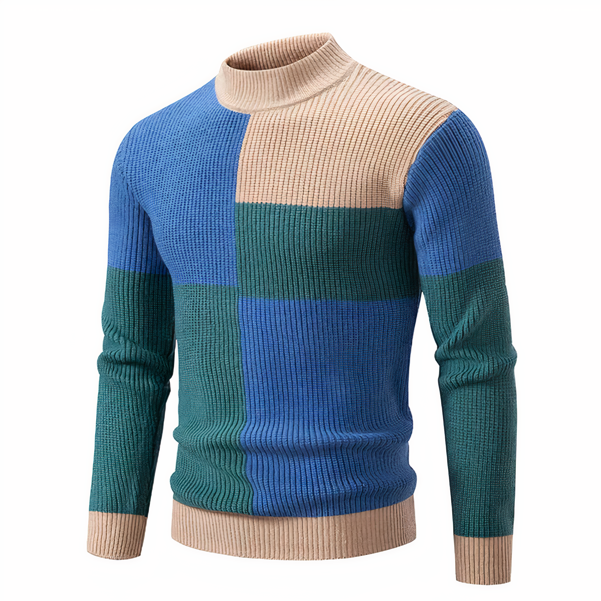 Men's patchwork knit sweater colorblock contrasting panels cozy relaxed-fit everyday style