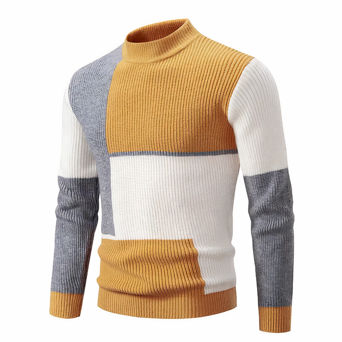 Men's patchwork knit sweater colorblock multi-texture panels modern relaxed fit cozy everyday style