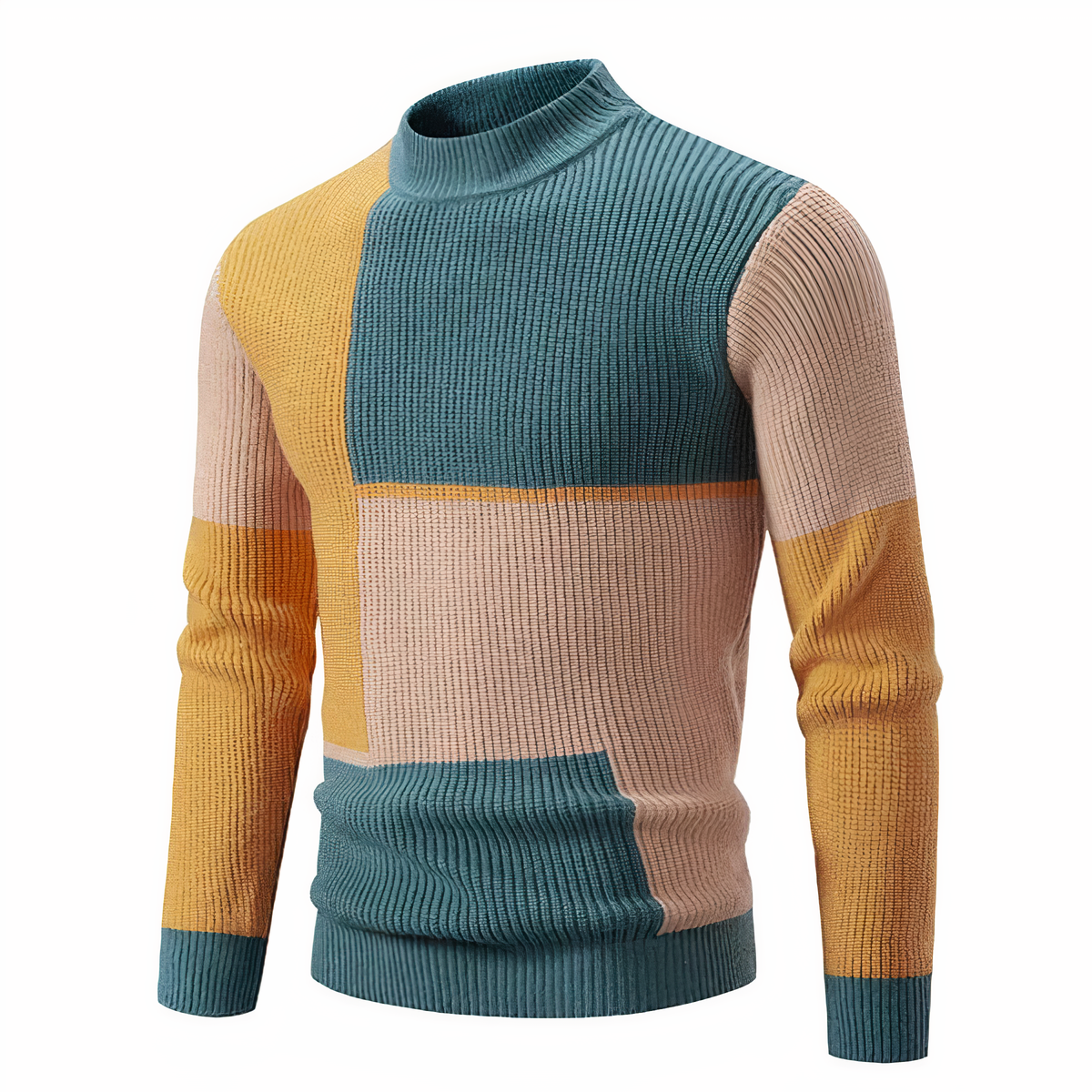 Men's patchwork knit sweater colorblock contrasting textures modern cozy everyday style