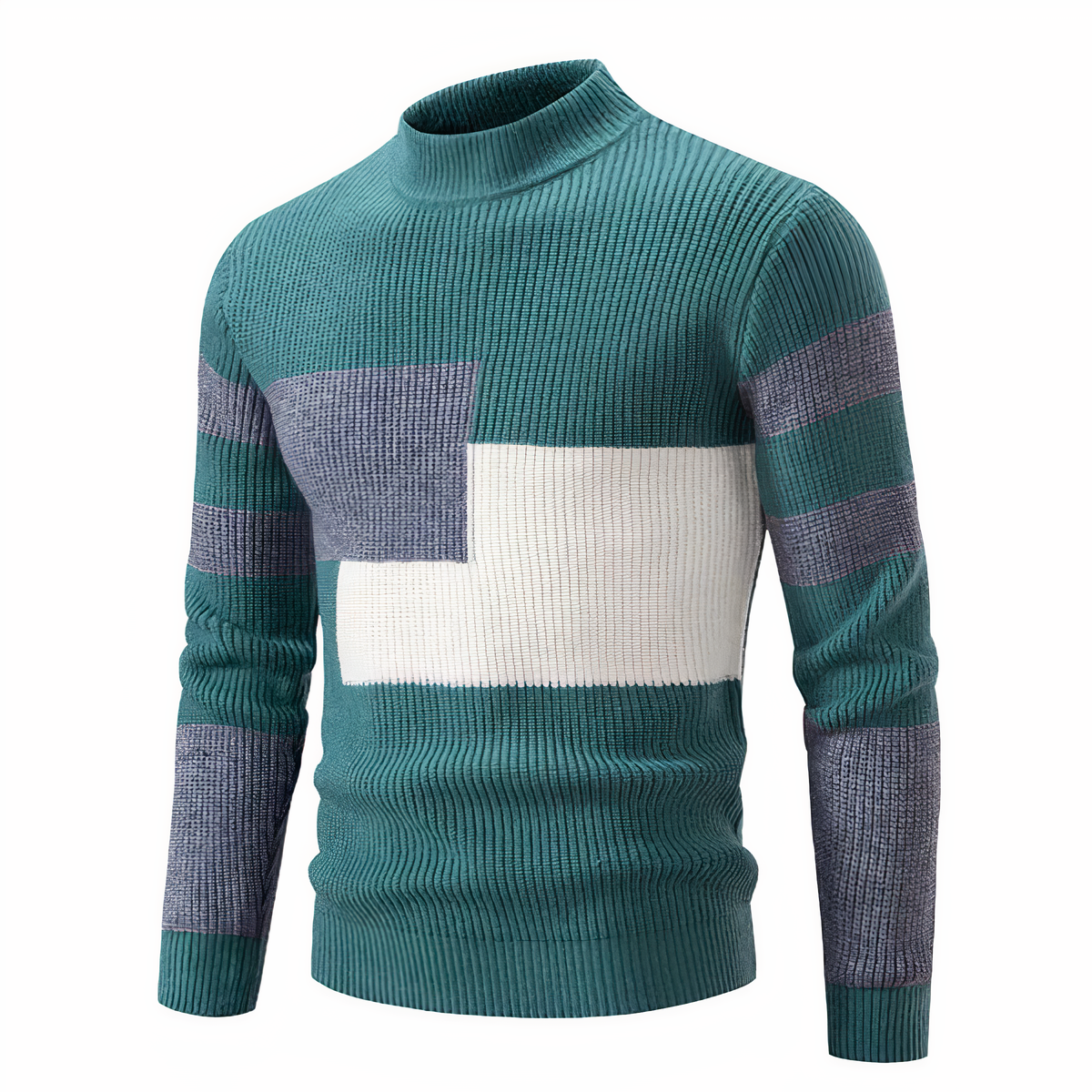 Men's patchwork knit sweater colorblock contrasting textures modern cozy everyday style