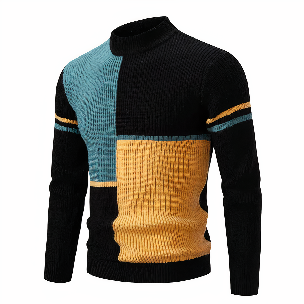 Men's patchwork knit sweater colorblock multi-texture panels cozy modern relaxed fit everyday style