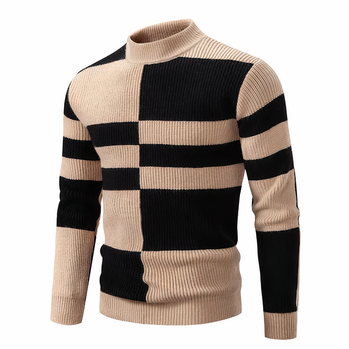 Men's patchwork knit sweater colorblock contrasting panels cozy modern layering style